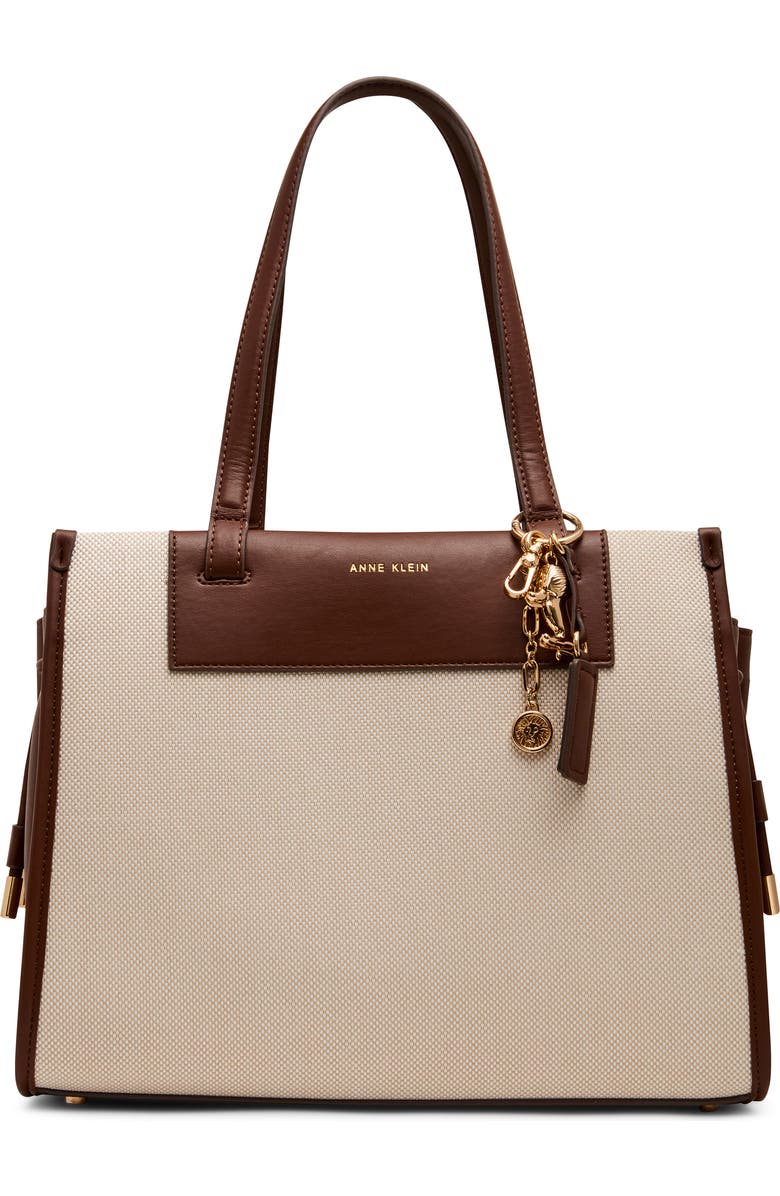 Anne Klein Canvas Tote with Removable Wrist Pouch, Main, color, Tan-Cream/ Walnut