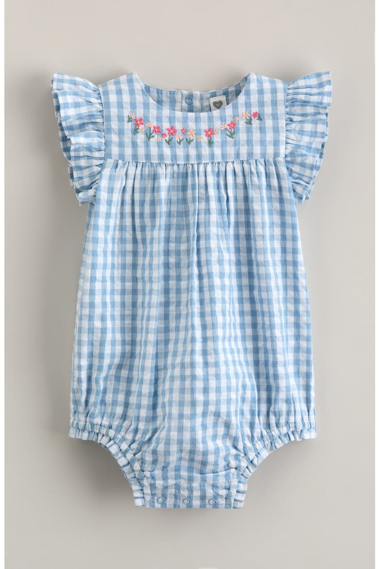 Flutter Sleeve Bubble Romper, Main, color, BLUE DUSK GINGHAM- FLOWERS