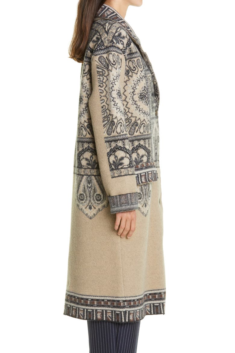 Print Wool Three-Quarter Coat, Alternate, color, BEIGE