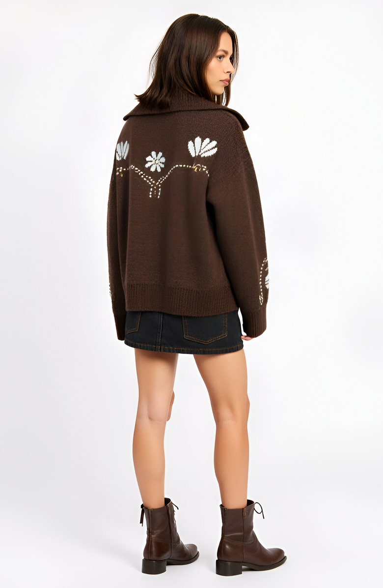 Modenaire Button Up Knit Cardigan with Abstract Floral Print, Alternate, color, 