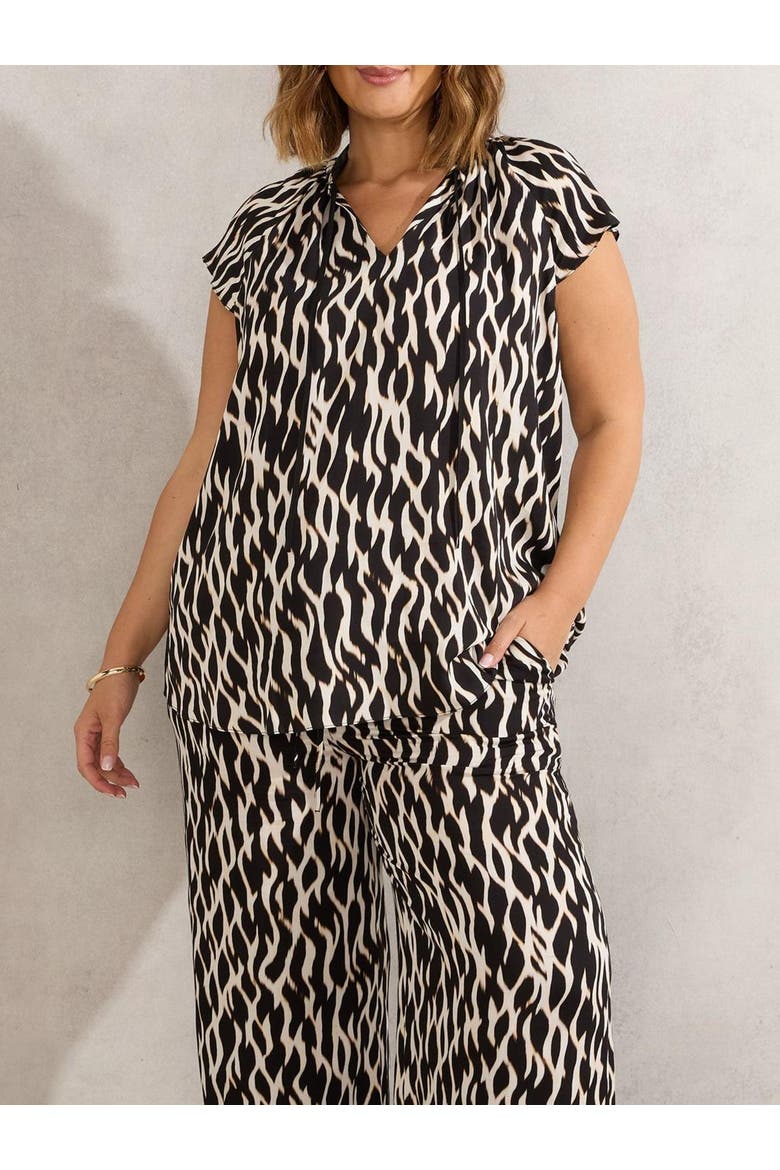 Mono Print Short Sleeve Tie Neck Blouse, Main, color, Black