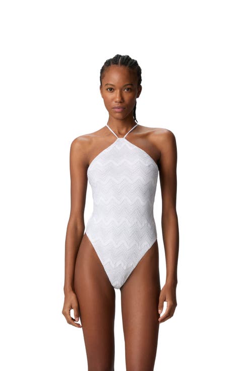 Zig Zag Lamé Viscose One-piece Swimsuit With Halter Neck