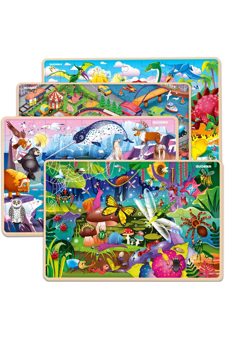 4x60 Piece Kids Wooden Jigsaw Puzzles, Main, color, Animals Dino City Bugs