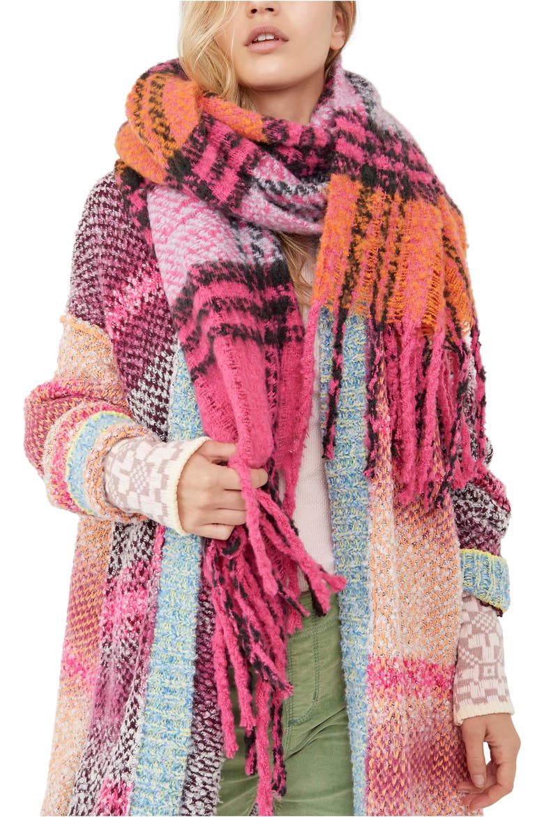 Homecoming Plaid Blanket Scarf, Main, color, BUBBLEGUM