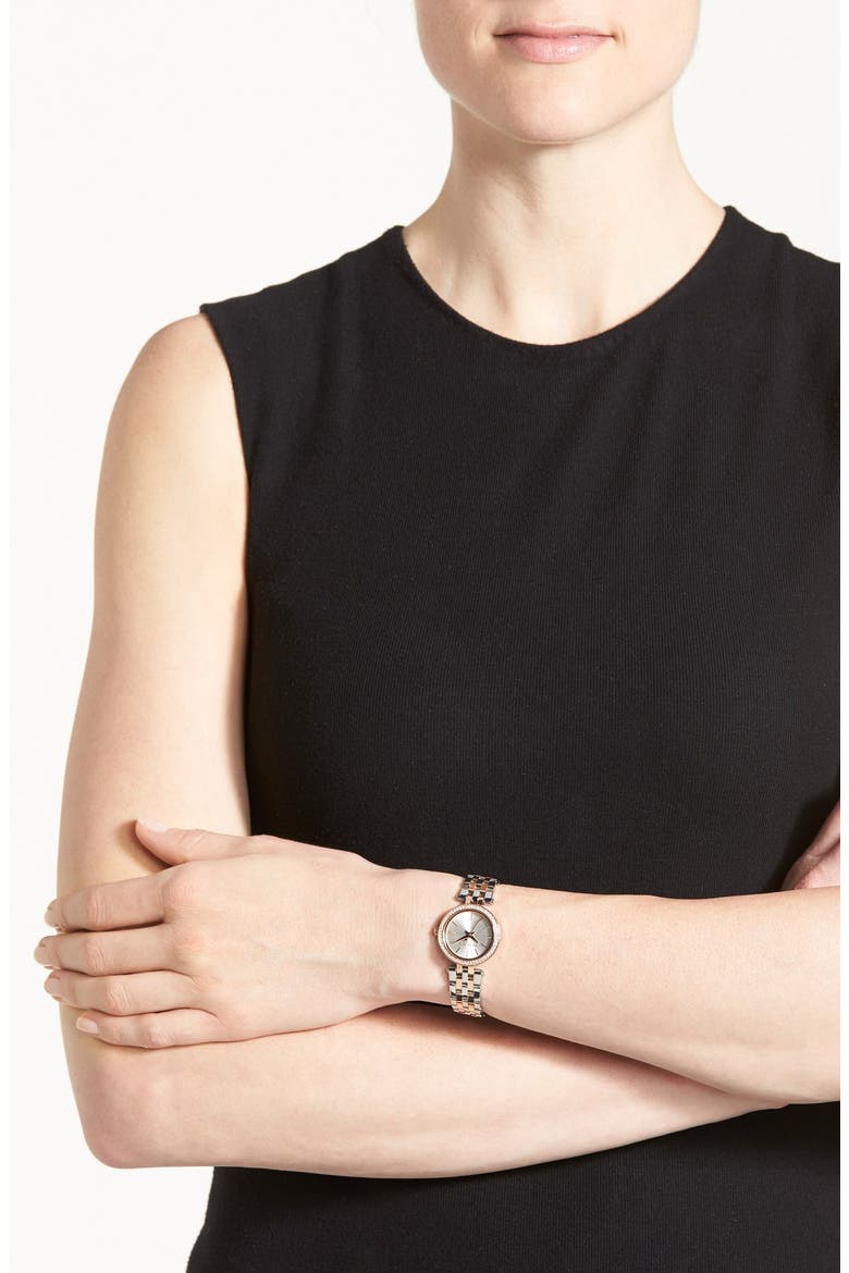 Michael Kors 'Petite Darci' Crystal Bezel Bracelet Watch, 26mm, Alternate, color, 2T SILVER/ROSE