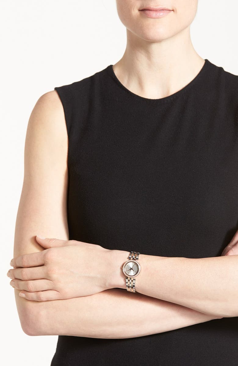 MICHAEL Michael Kors Michael Kors 'Petite Darci' Crystal Bezel Bracelet Watch, 26mm, Alternate, color, 2T Silver/Rose