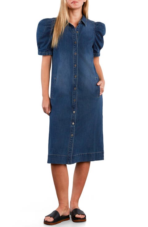 Puff Sleeve Stretch Denim Midi Dress