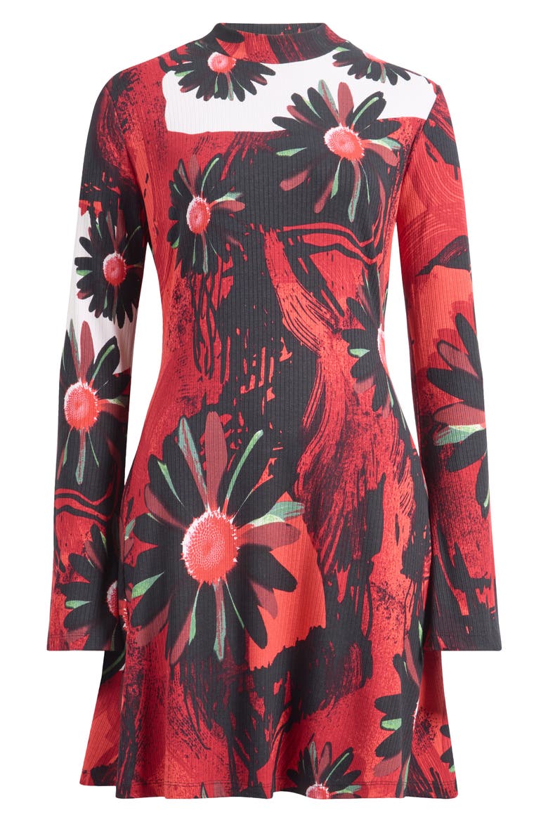 Floral Long Sleeve Rib Knit Dress, Main, color, RED