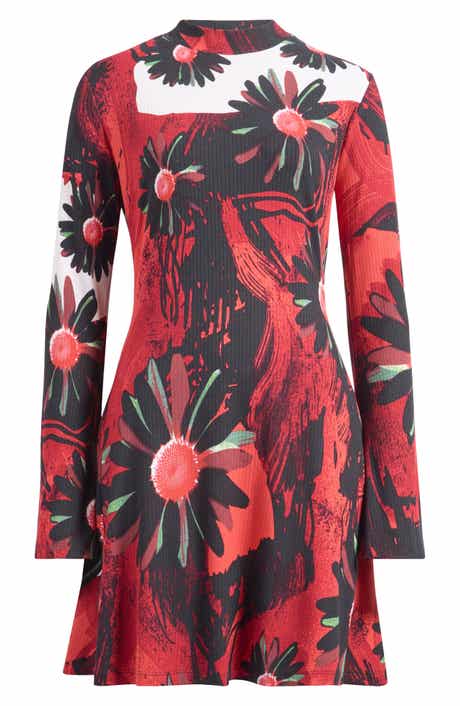 Floral Long Sleeve Rib Knit Dress