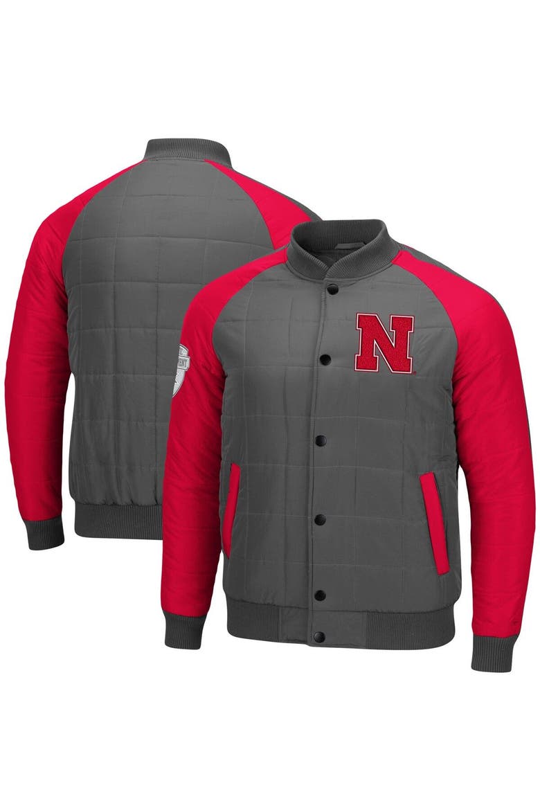 Men's Colosseum Charcoal/Scarlet Nebraska Huskers 1940s Bomber Raglan Full-Snap Jacket, Main, color, Charcoal