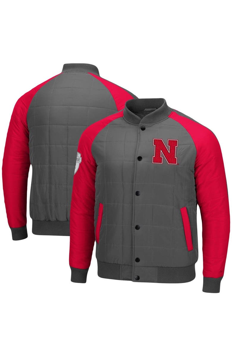 COLOSSEUM Men's Colosseum Charcoal/Scarlet Nebraska Huskers 1940s Bomber Raglan Full-Snap Jacket, Main, color, 