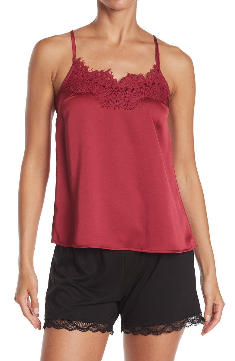 JUST ONE Lace Trim Woven Camisole, Main, color, Burgundy