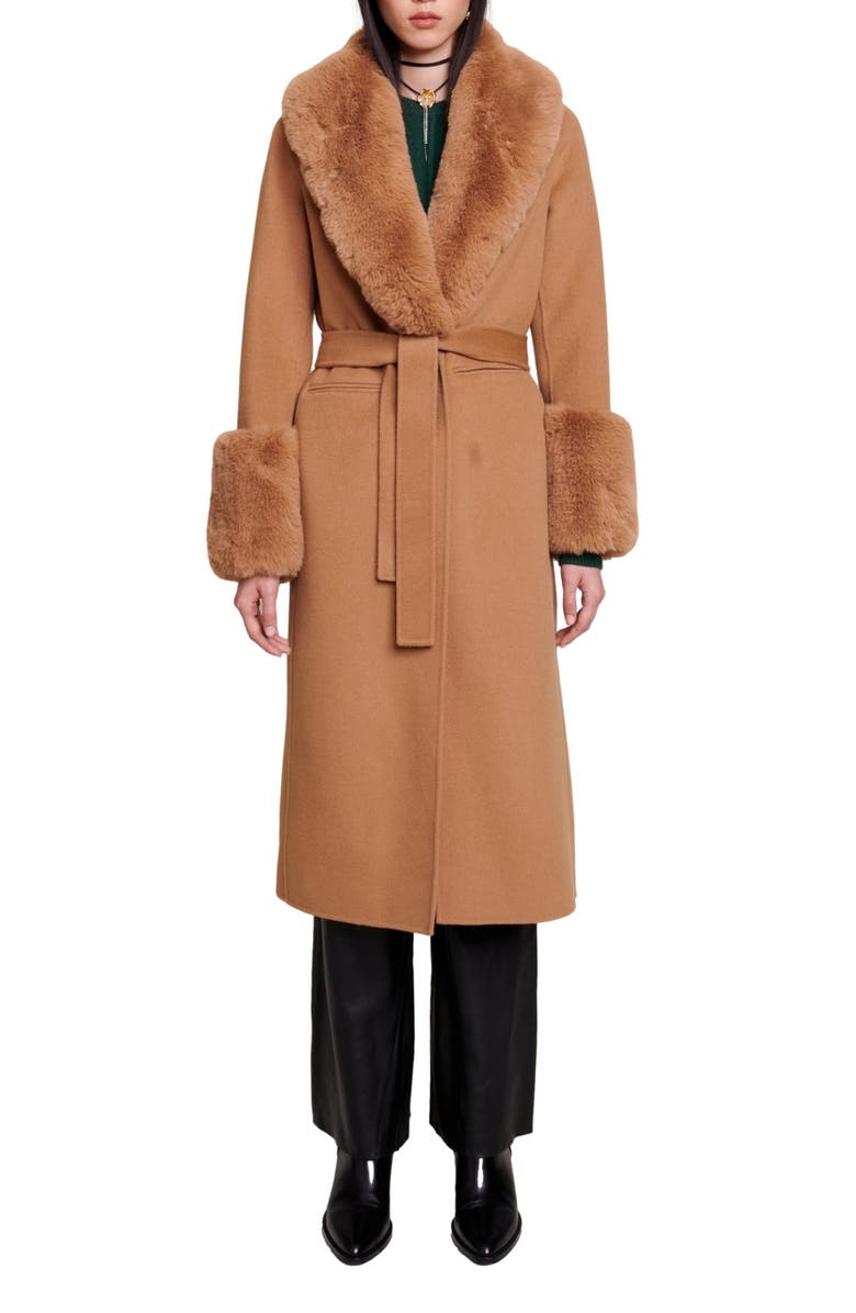 maje Wool Blend Belted Coat with Faux Fur Trim, Main, color, 