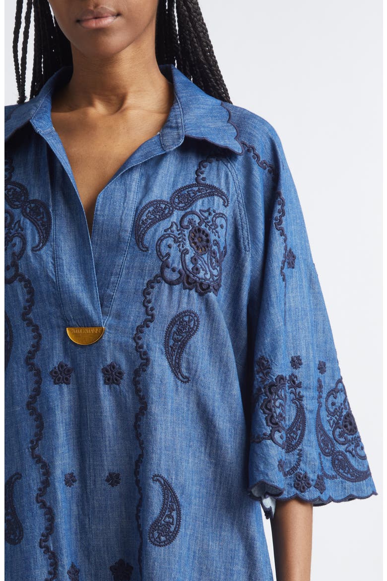 Aster Paisley Embroidered Denim Midi Dress, Alternate, color, RAILWAY BLUE