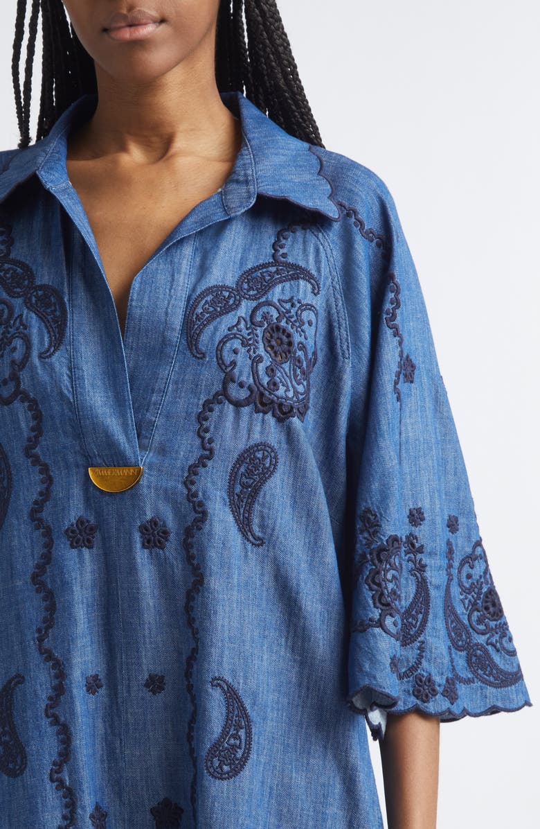 Zimmermann Aster Paisley Embroidered Denim Midi Dress, Alternate, color, Railway Blue
