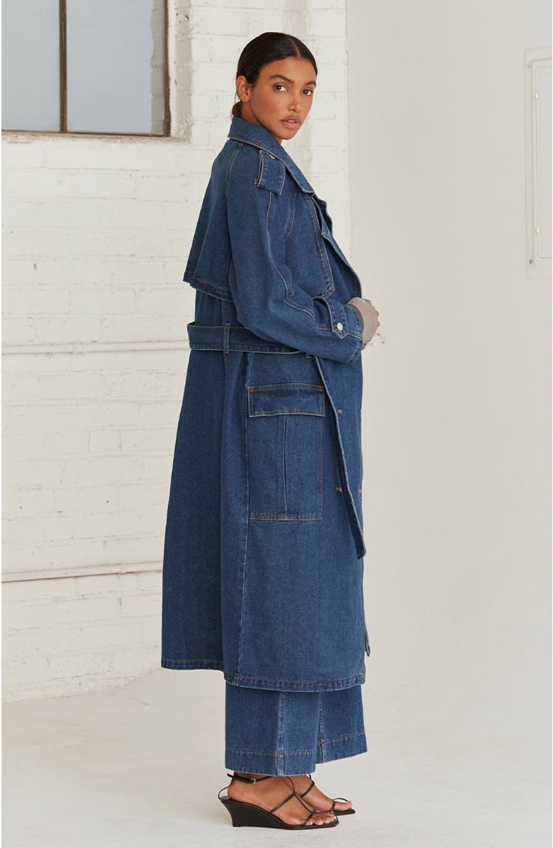 CRESCENT Blue Denim Long Trench Coat, Alternate, color, 