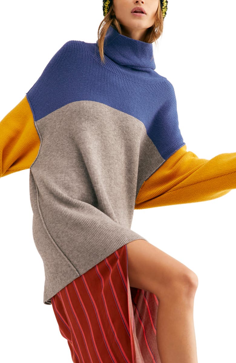 Free People Colorblock Turtleneck Sweater, Alternate, color, Ocean Color Block