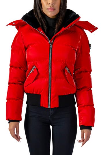 Woodpecker Woody Water Resistant Faux Fur Lined Hooded Quilted Puffer Jacket In All Wet Red