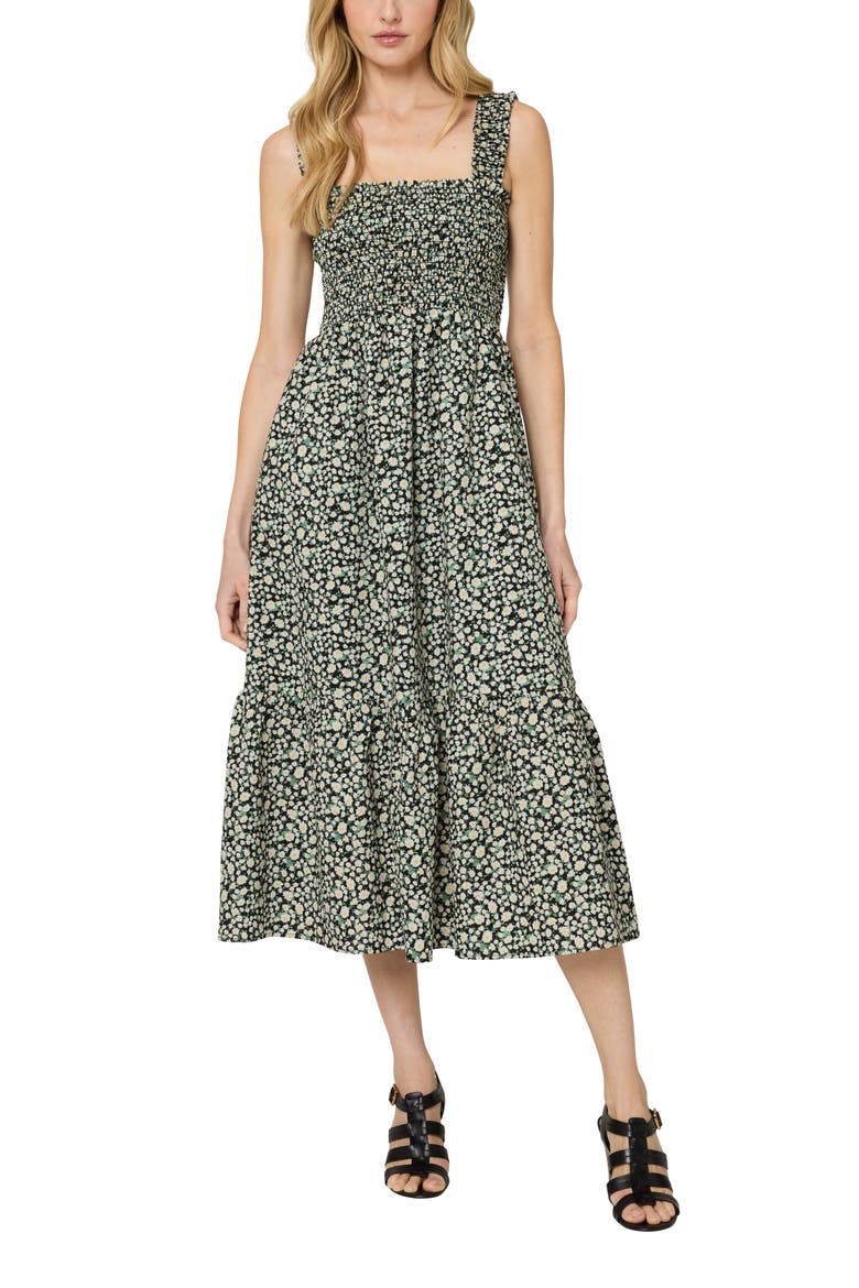 The Smocked Ruffle Tank Midi Dress, Main, color, Black Sunflower