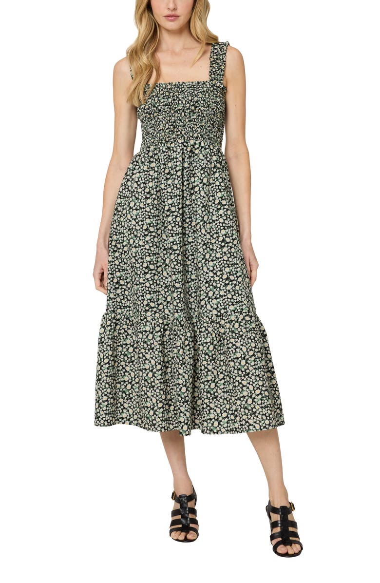 The Standard Stitch The Smocked Ruffle Tank Midi Dress, Main, color, Black Sunflower