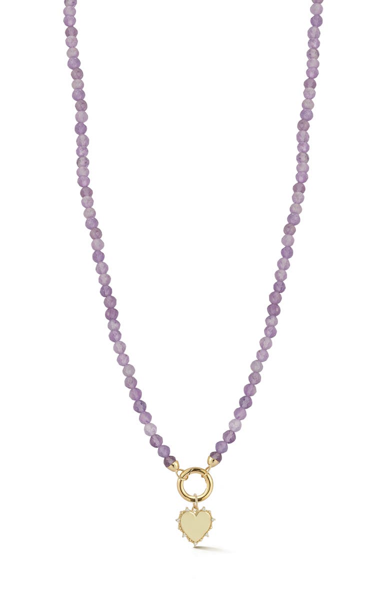 Ember Fine Jewelry 14K Yellow Gold Diamond Heart Charm Beaded Necklace, Main, color, Gold