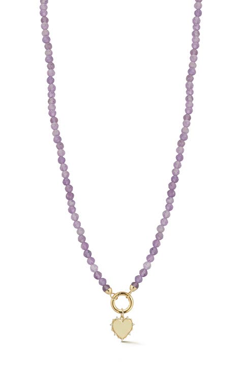 14K Yellow Gold Diamond Heart Charm Beaded Necklace