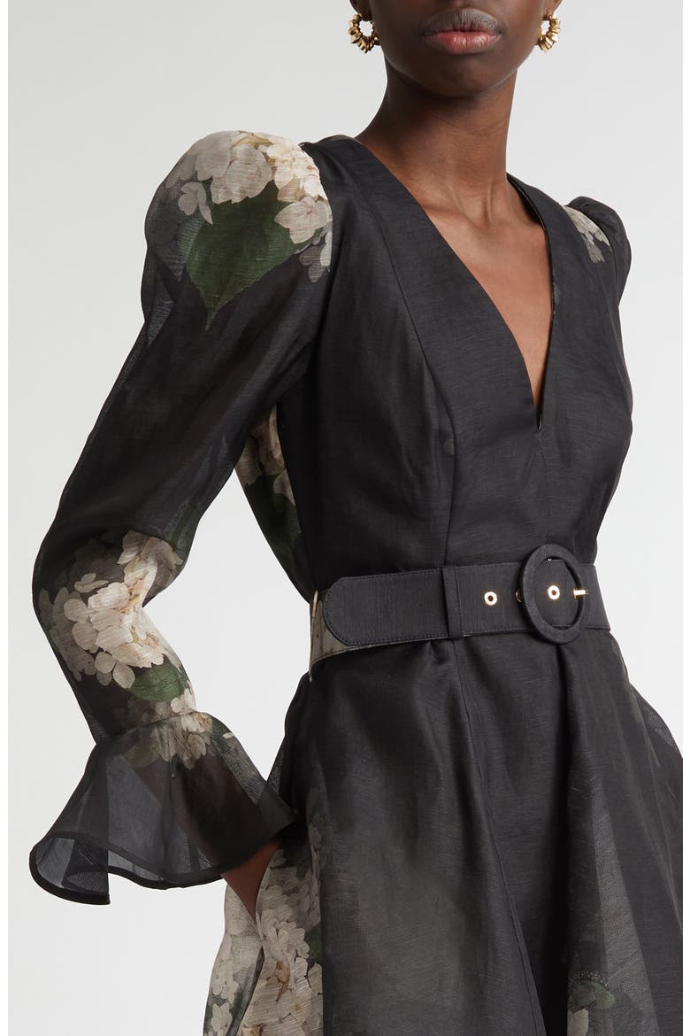 Balance Long Sleeve Belted Linen & Silk Fit & Flare Minidress, Alternate, color, BLACK HYDRANGEA