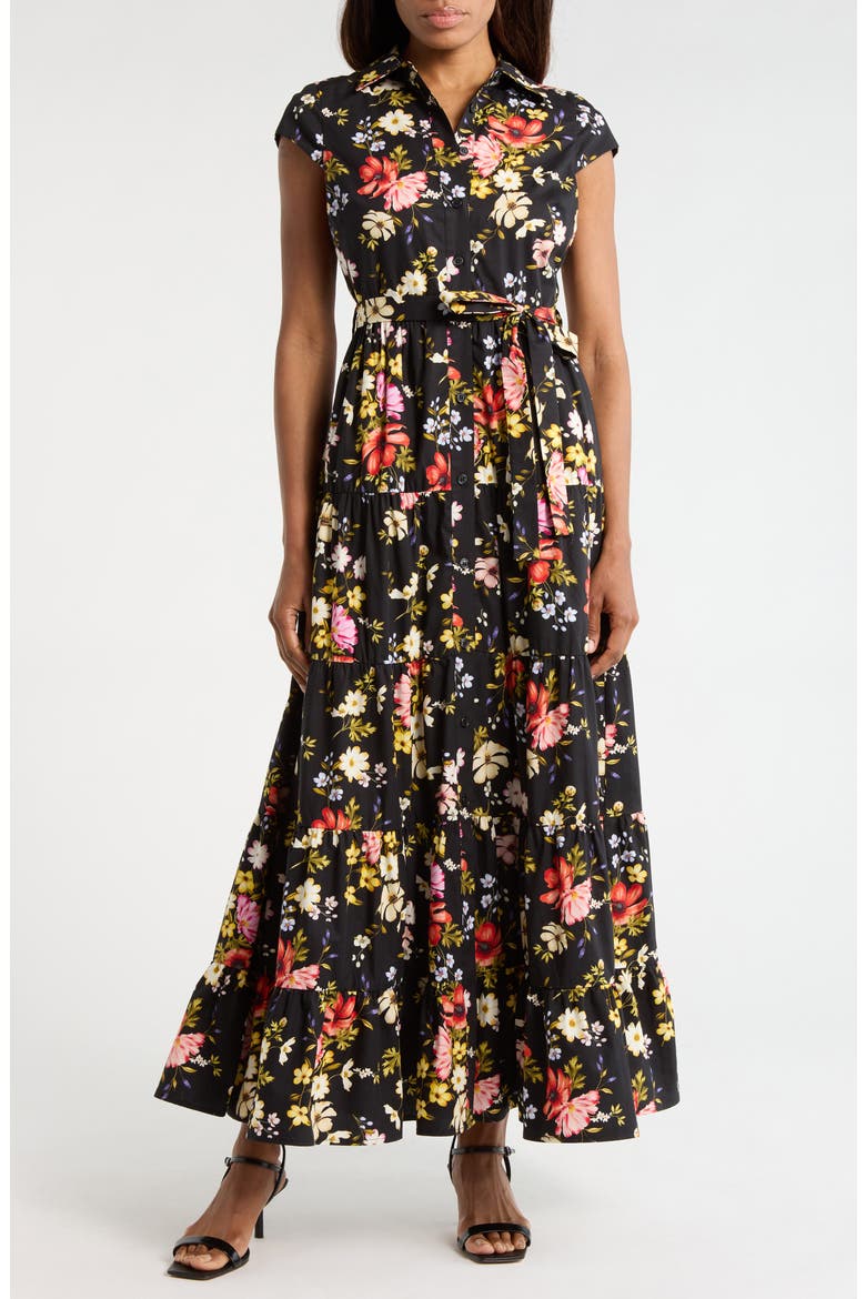 Floral Cap Sleeve Cotton Shirtdress, Main, color, BLACK FLOWER PRESS