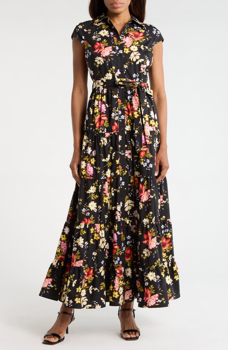 Avec Les Filles Floral Cap Sleeve Cotton Shirtdress, Main, color, Black Flower Press