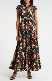 Avec Les Filles Floral Cap Sleeve Cotton Shirtdress