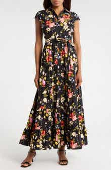 Avec Les Filles Floral Cap Sleeve Cotton Shirtdress