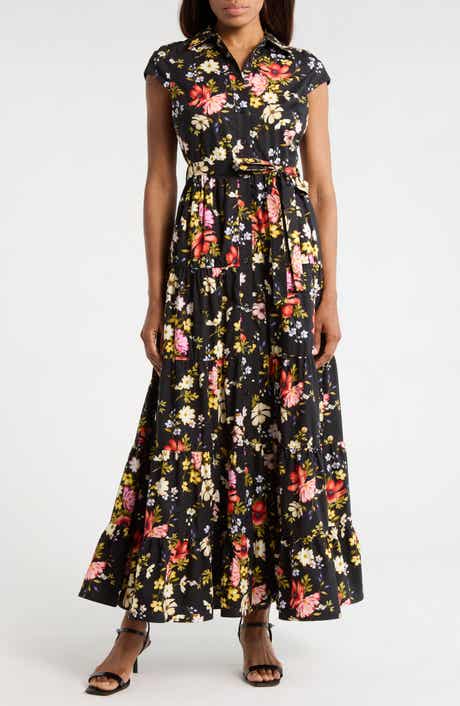 Avec Les Filles Floral Cap Sleeve Cotton Shirtdress