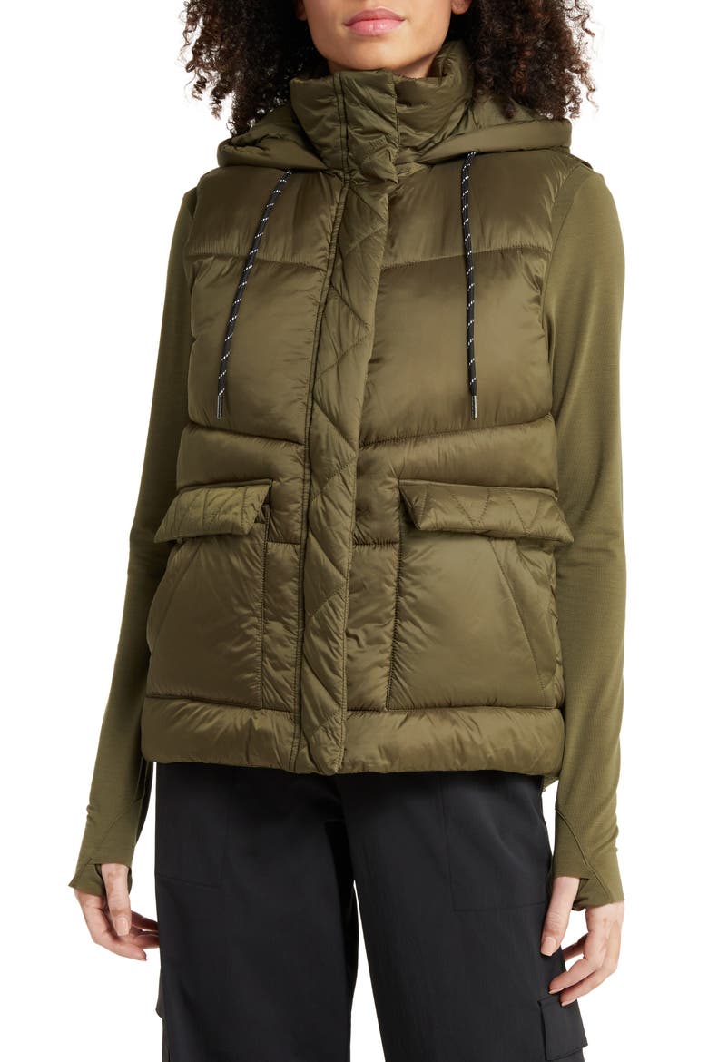 Quilted Hooded Cocoon Vest, Alternate, color, OLIVE NIGHT