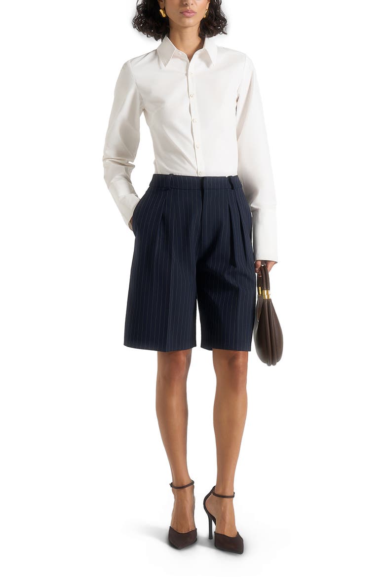 Lorette Pinstripe Double Pleat Tailored Shorts, Alternate, color, Navy Pinstripe