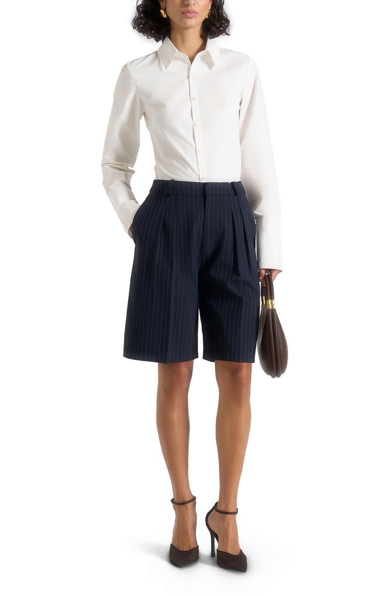 Manière De Voir Lorette Pinstripe Double Pleat Tailored Shorts, Alternate, color, Navy Pinstripe