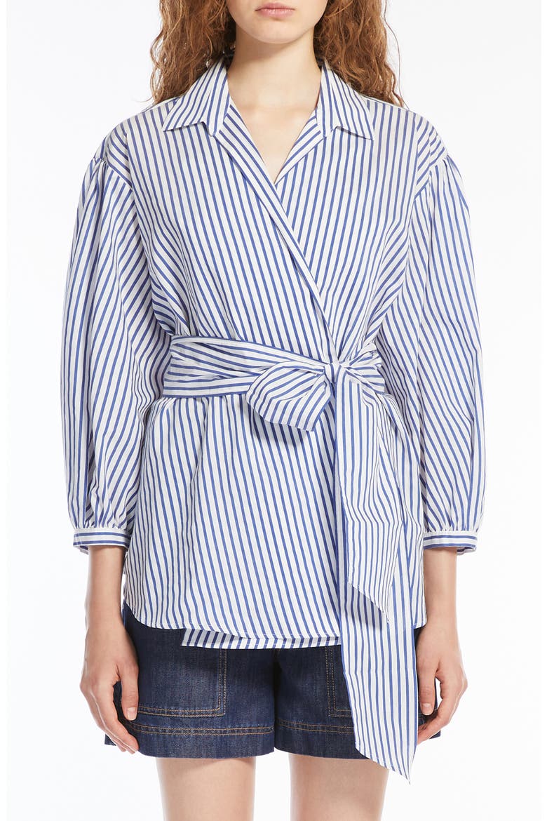Ceci Stripe Tie Waist Cotton & Silk Shirt, Main, color, CORNFLOWER BLUE