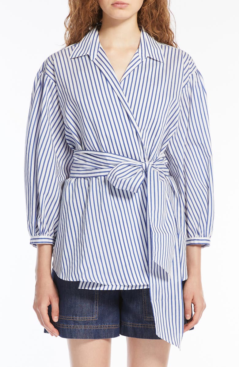 Weekend Max Mara Ceci Stripe Tie Waist Cotton & Silk Shirt, Main, color, Cornflower Blue