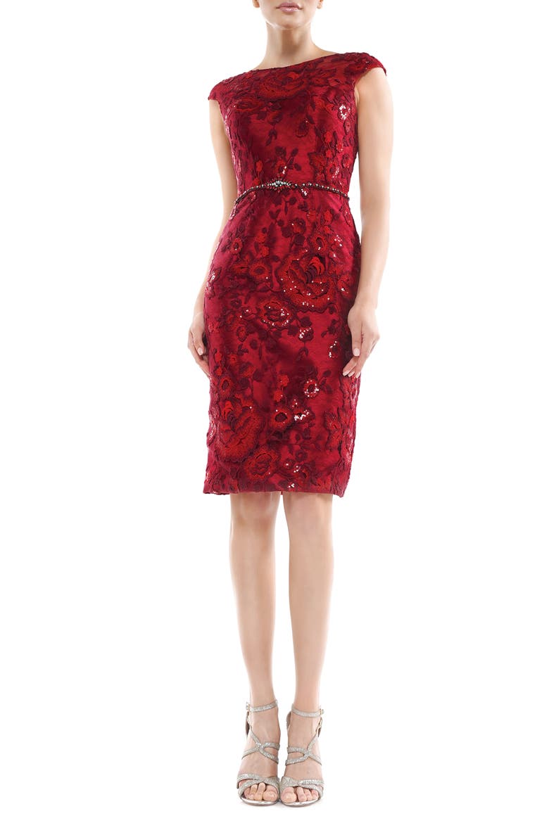 Floral Embroidered Crystal Belted Cocktail Dress, Main, color, WINE