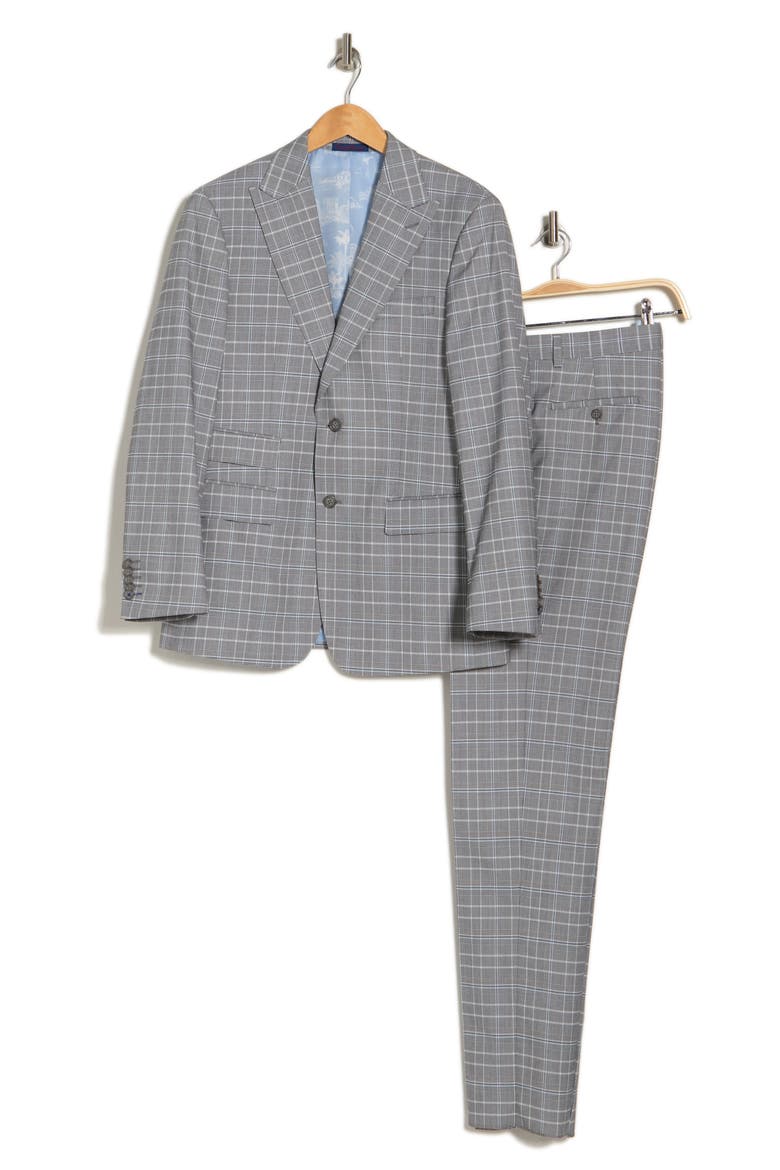 Plaid Two Button Peak Lapel Trim Fit Suit, Alternate, color, GRAY