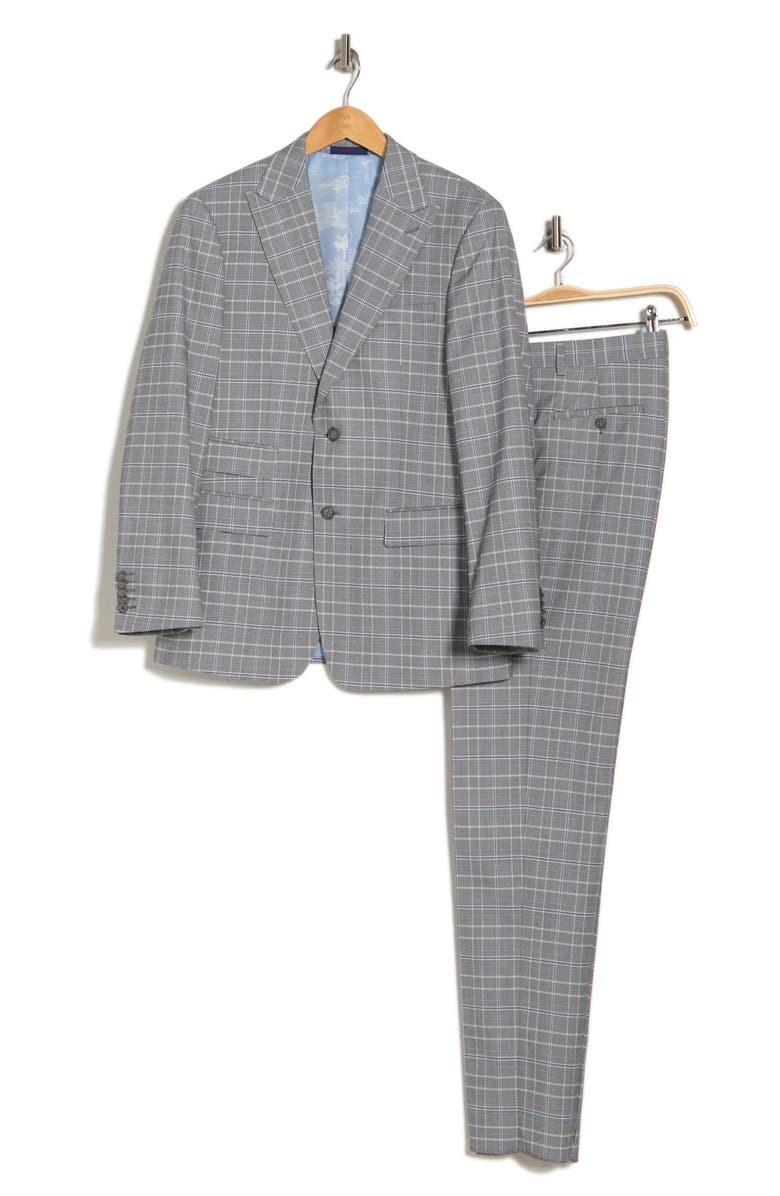 English Laundry Plaid Two Button Peak Lapel Trim Fit Suit, Alternate, color, Gray