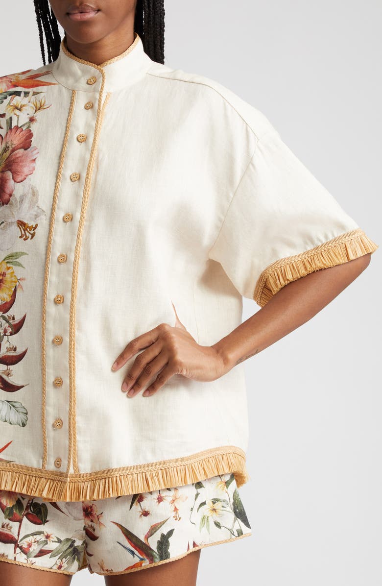Zimmermann Lexi Tropical Floral Raffia Trim Button-Up Shirt, Alternate, color,