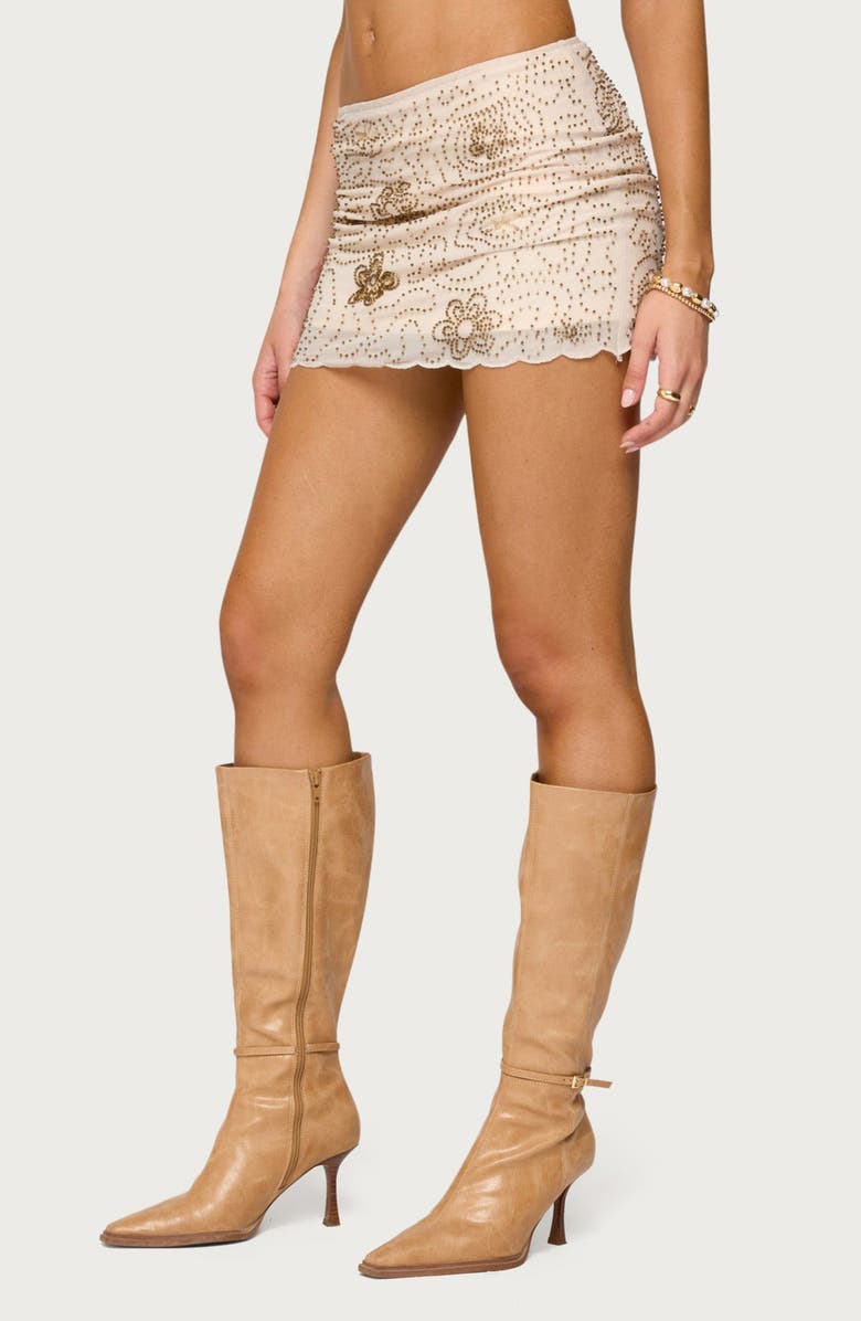 EDIKTED Astrid Floral Beaded Low Rise Miniskirt, Alternate, color, Cream