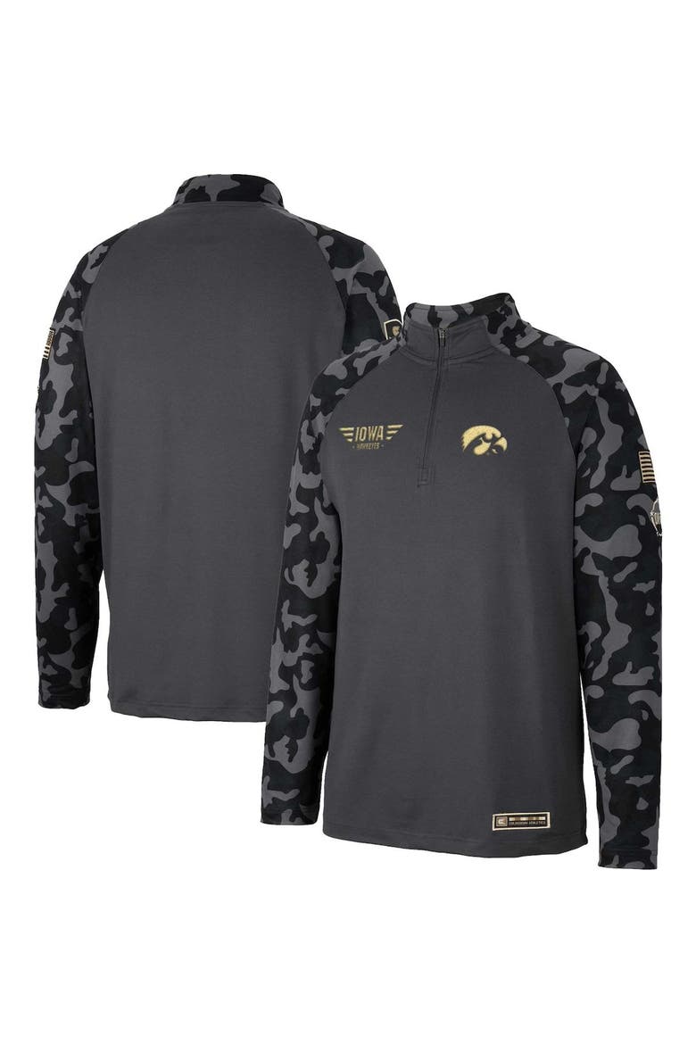 Men's Colosseum Charcoal Iowa Hawkeyes OHT Military Appreciation Long Range Raglan Quarter-Zip Jacket, Main, color, Charcoal