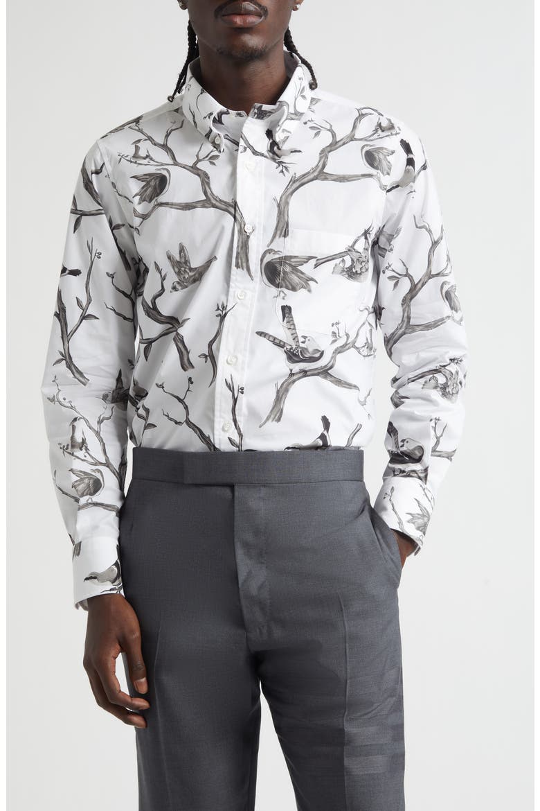 Bird Print Straight Fit Cotton Poplin Button-Down Shirt, Main, color, WHITE