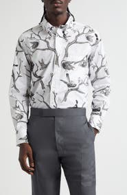 Thom Browne Bird Print Straight Fit Cotton Poplin Button-Down Shirt