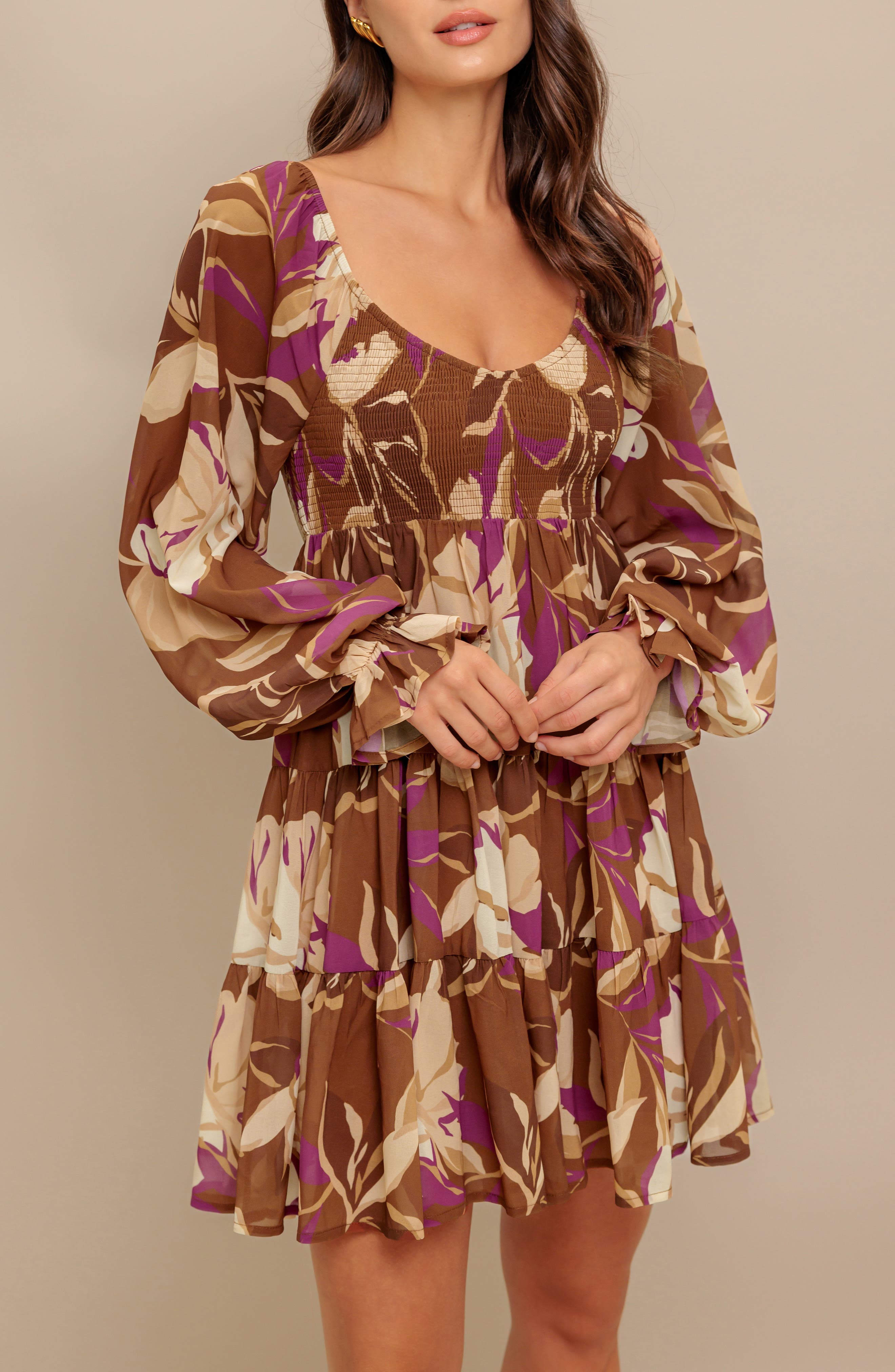 Floral Long Sleeve Tiered Babydoll Dress