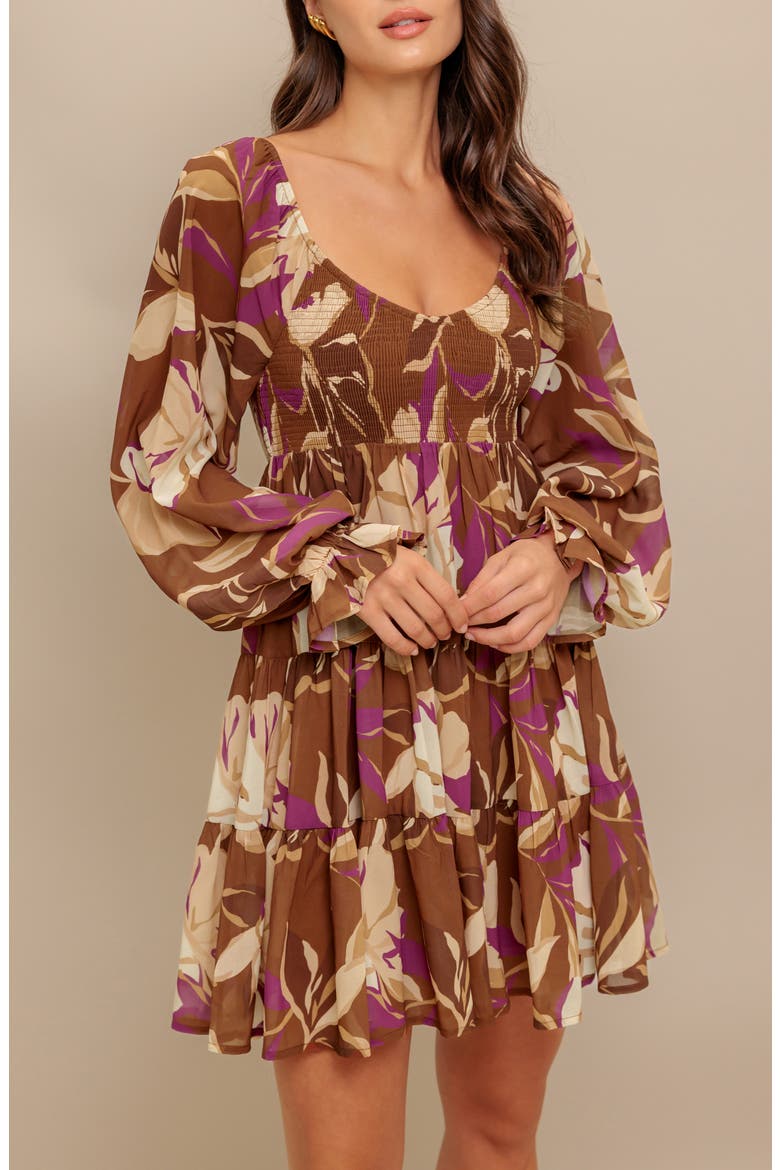 Floral Long Sleeve Tiered Babydoll Dress, Alternate, color, BROWN