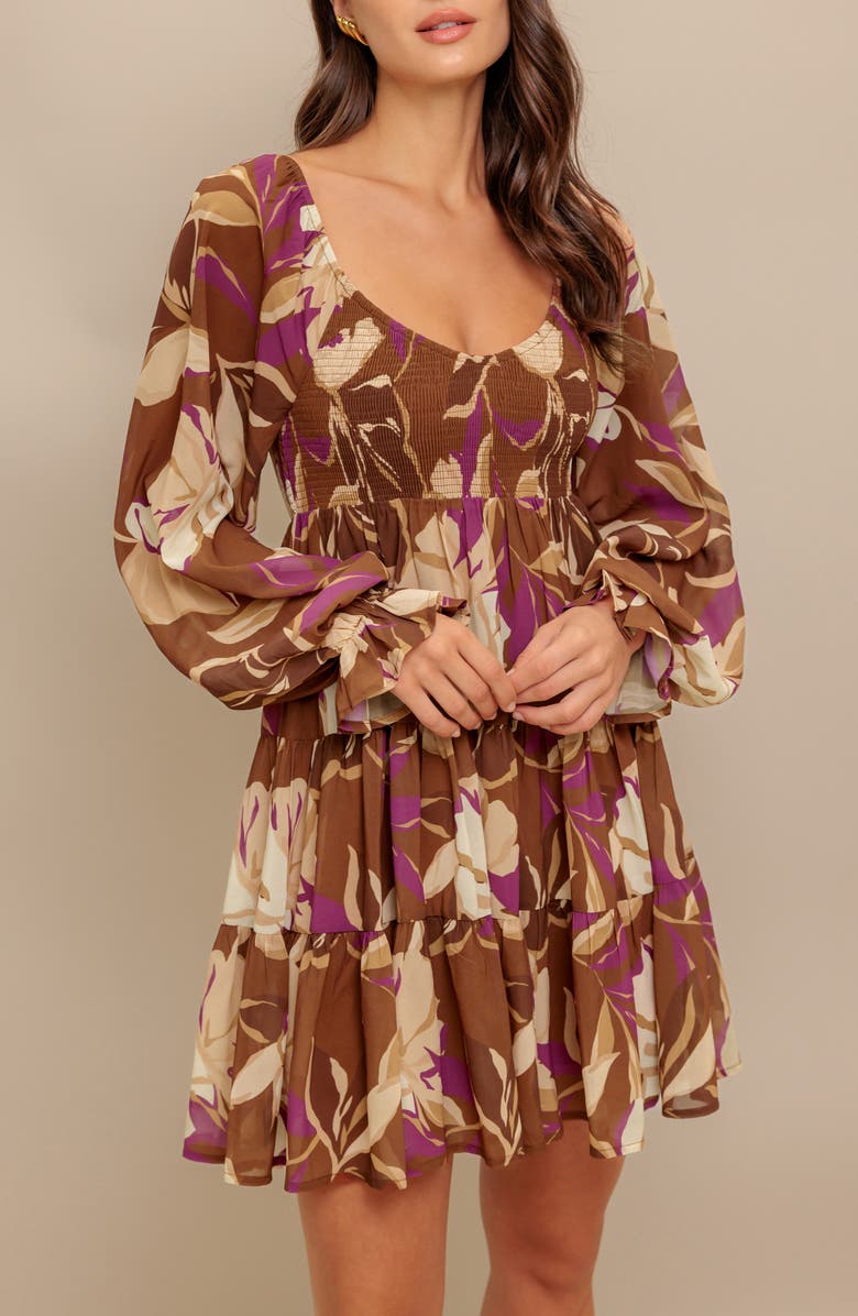 FLYING TOMATO Floral Long Sleeve Tiered Babydoll Dress, Alternate, color, Brown