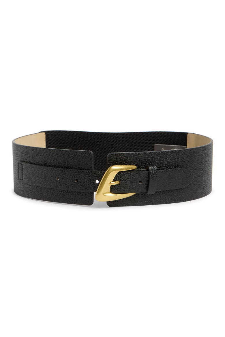 Asymmetrical Buckle Stretch Faux Leather Belt, Main, color, BLACK