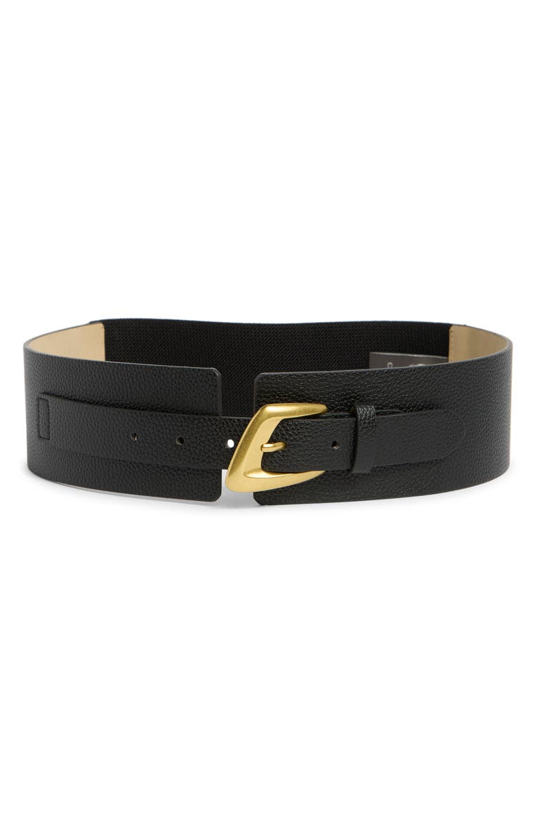 Vince Camuto Asymmetrical Buckle Stretch Faux Leather Belt, Main, color, Black
